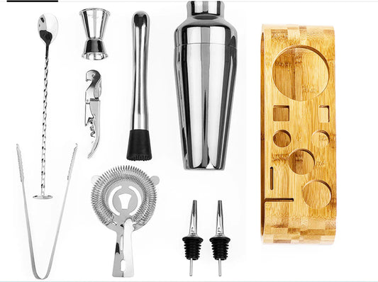 Stainless Steel 10-Piece Bar Tool Set with Bamboo Stand